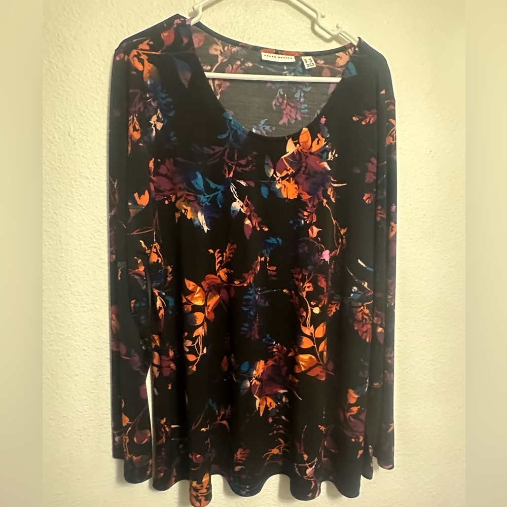 Susan Graver Black and Orange Relaxed Long Sleeve Blouse